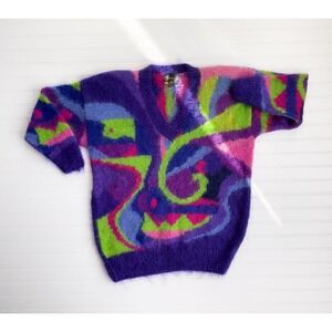 vtg Classiques purple‎ lime green neon abstract mohair sweater